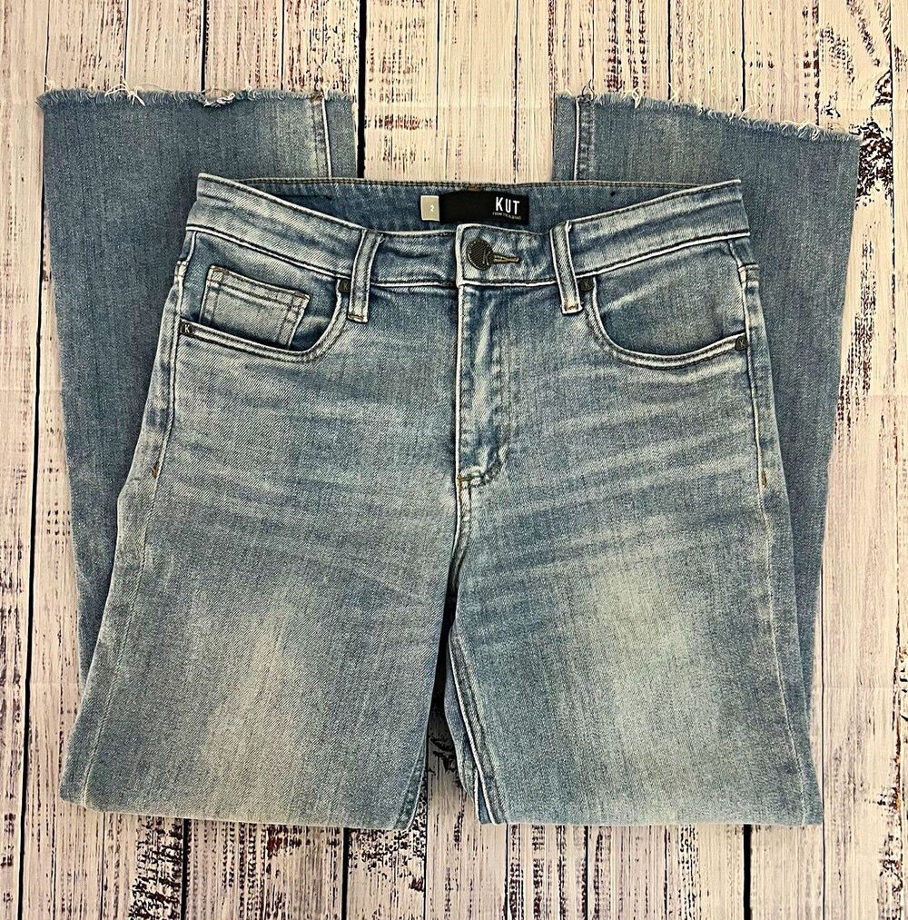 ⁠KUT From The Kloth Kelsey Kick Flare Ankle Jeans Raw Hem Seam Detail Stretch 2